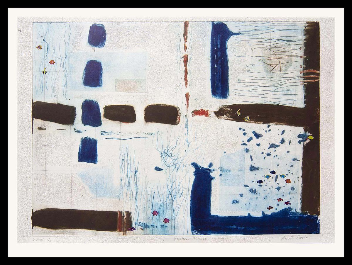 Contemporary Art Abstract Etching. Entitled: Shallow Waters II by Maite Baron. Image description: Artwork