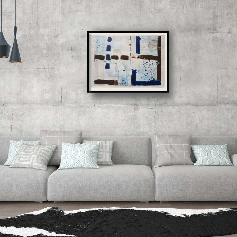 Contemporary Art Abstract Etching. Entitled: Shallow Waters II by Maite Baron. Image description: interior design product room mockup