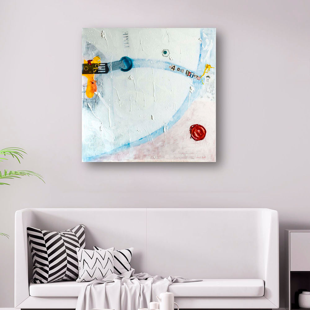 Original Canvas Art Abstract Mixed Media Painting. Entitled: For Our Future by Maite Baron. Image description: interior design product room mockup