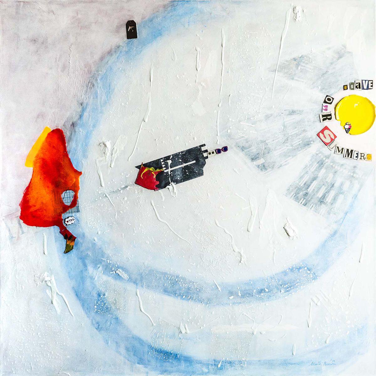 Original Canvas Art Abstract Mixed Media Painting. Entitled: Save Our Summers by Maite Baron. Image description: Artwork