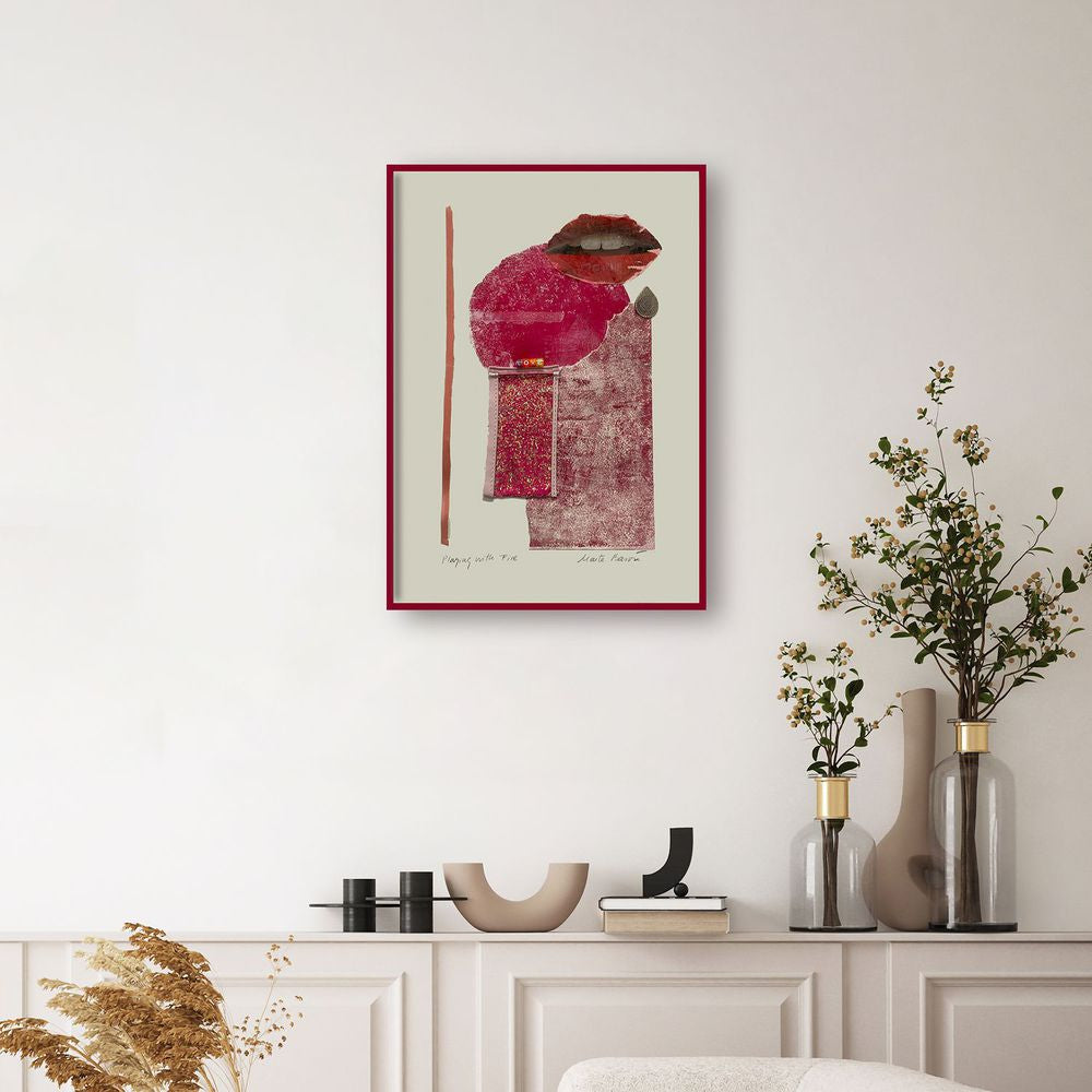 Contemporary Art Abstract Mixed Media Painting. Entitled: Playing With Fire by Maite Baron. Image description: interior design product room mockup