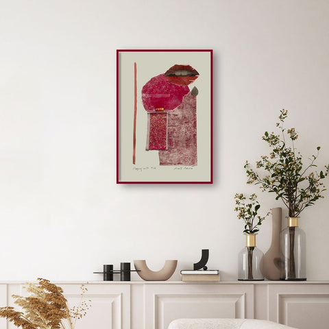 Contemporary Art Abstract Mixed Media Painting. Entitled: Playing With Fire by Maite Baron. Image description: interior design product room mockup