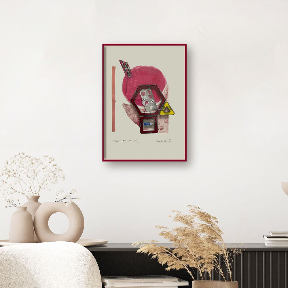 Contemporary Art Abstract Mixed Media Painting. Entitled: Three is One Too Many by Maite Baron. Image description: interior design product room mockup