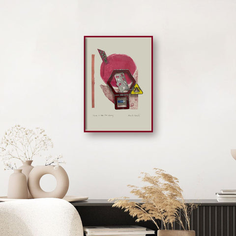 Contemporary Art Abstract Mixed Media Painting. Entitled: Three is One Too Many by Maite Baron. Image description: interior design product room mockup