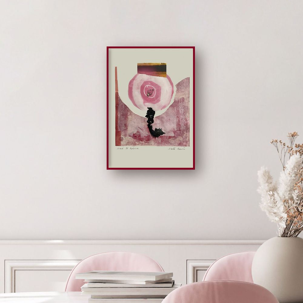 Contemporary Art Abstract Mixed Media Painting. Entitled: Need to Believe by Maite Baron. Image description: interior design product room mockup