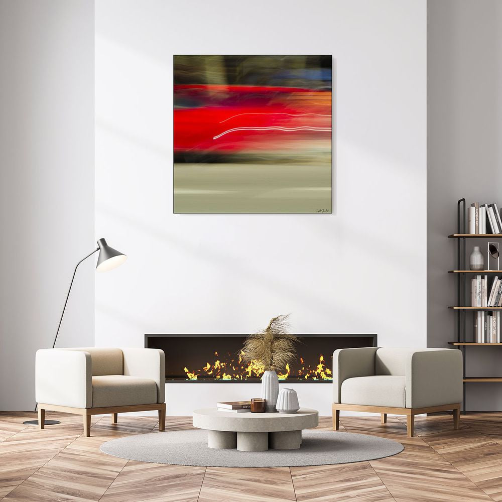 Limited Edition Abstract Photography. Entitled: Speeding Red Ferrari by Keith Grafton. Image description: interior design product room mockup