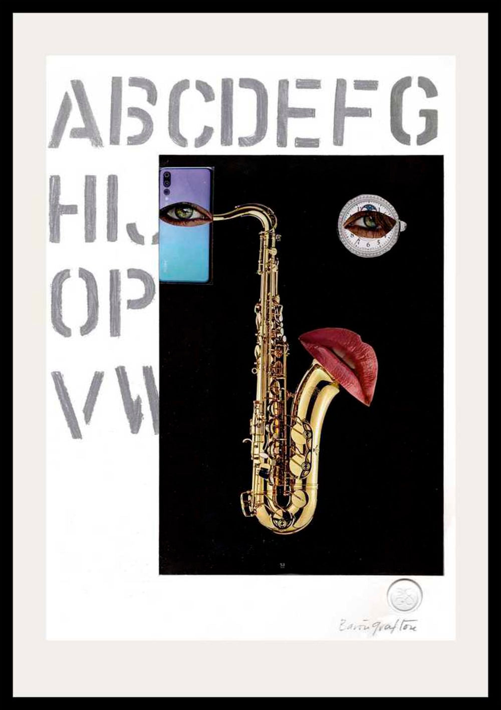 Contemporary Art Collage. Entitled: Sax Buzz by Baron Grafton. Image description: product example