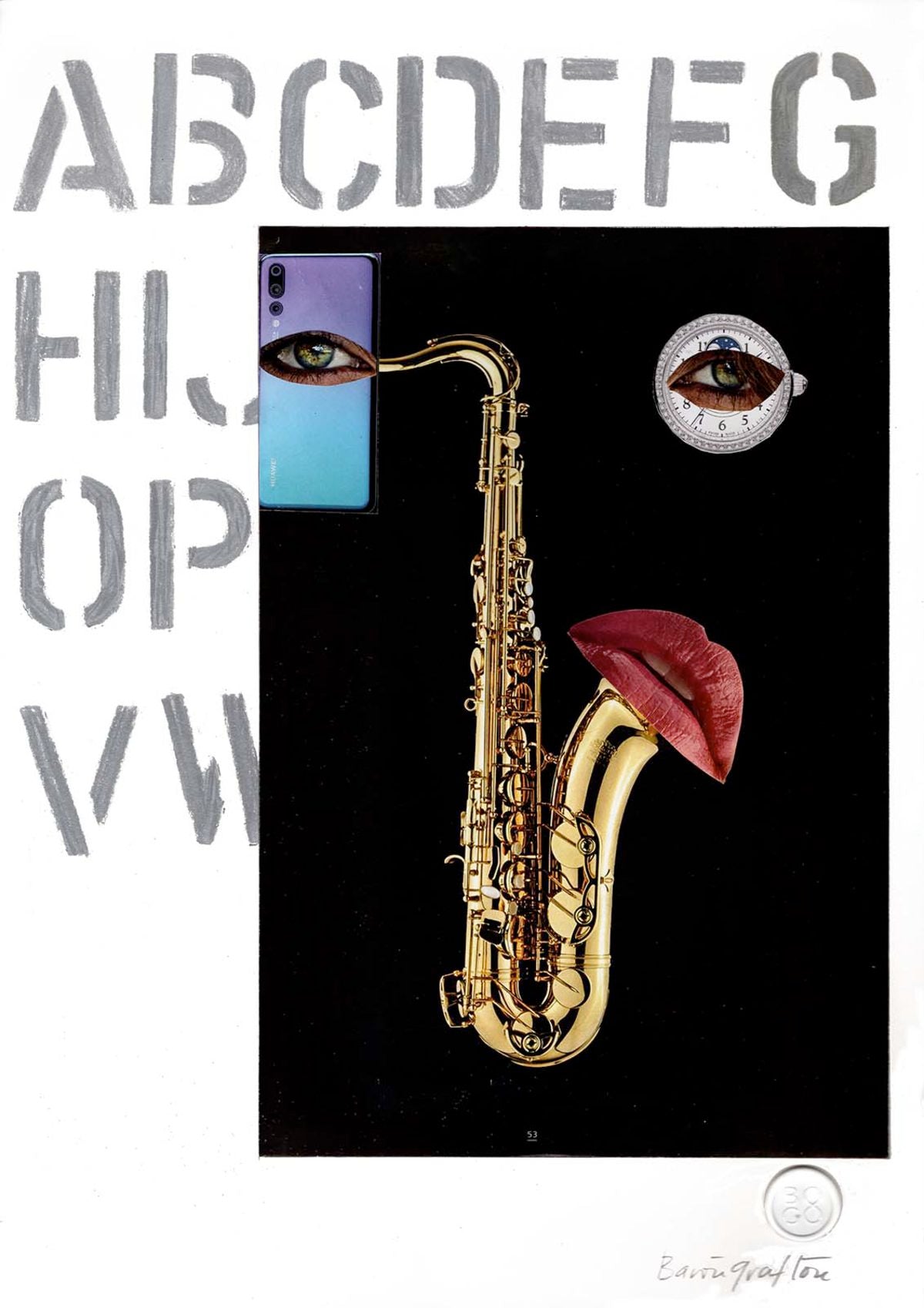 Contemporary Art Collage. Entitled: Sax Buzz by Baron Grafton. Image description: Artwork