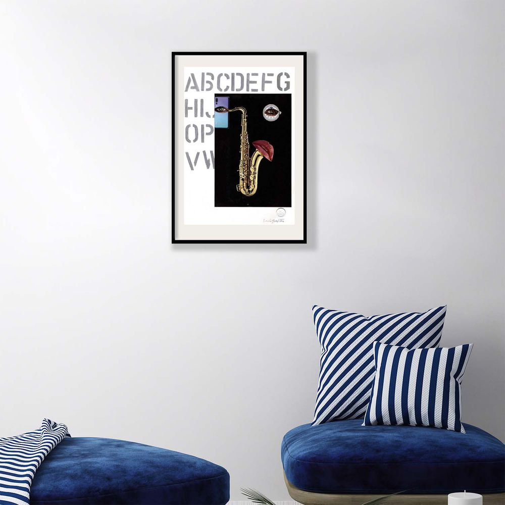 Contemporary Art Collage. Entitled: Sax Buzz by Baron Grafton. Image description: interior design product room mockup