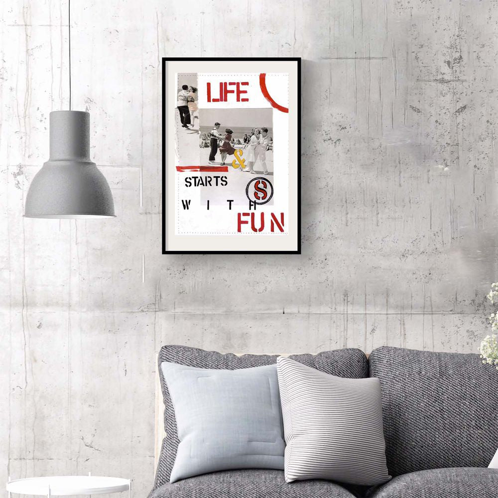 Contemporary Art Collage. Entitled: Life Starts With Fun by Maite Baron. Image description: interior design product room mockup