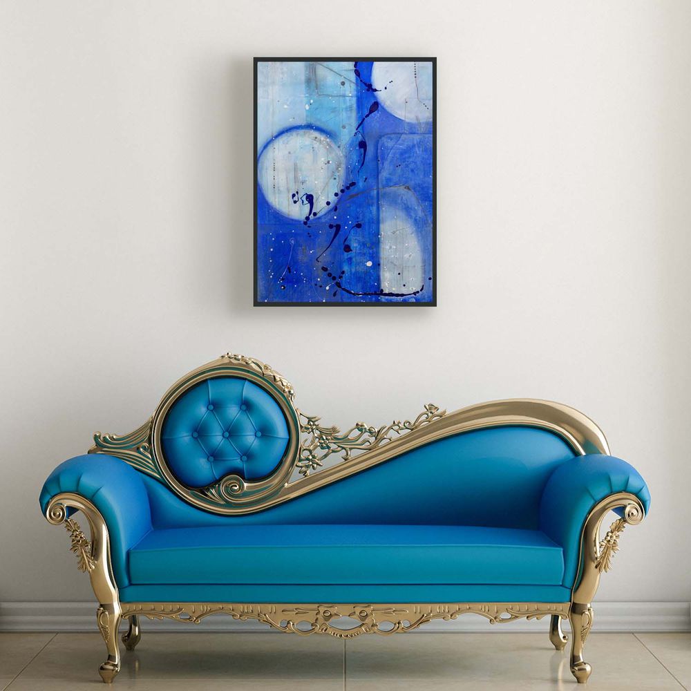 Contemporary Art Original Abstract Painting. Entitled: Blue Moon II by Maite Baron. Image description: interior design product room mockup