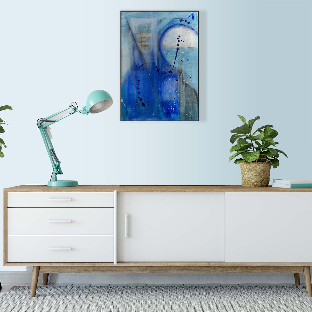 Contemporary Art Original Abstract Painting. Entitled: Blue Moon III by Maite Baron. Image description: interior design product room mockup