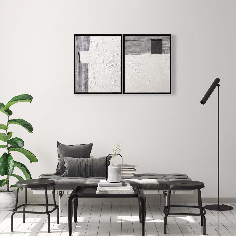 Contemporary Art Abstract Mixed Media Painting. Entitled: The Couple (Diptych) by Maite Baron. Image description: interior design product room mockup