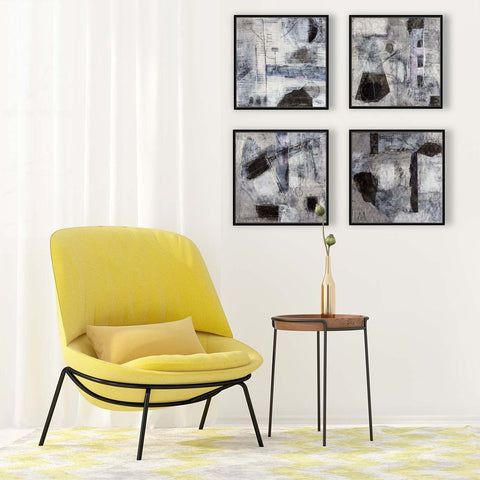 Contemporary Art Abstract Mixed Media Painting. Entitled: Give Me More (Tetratych) by Maite Baron. Image description: interior design product room mockup