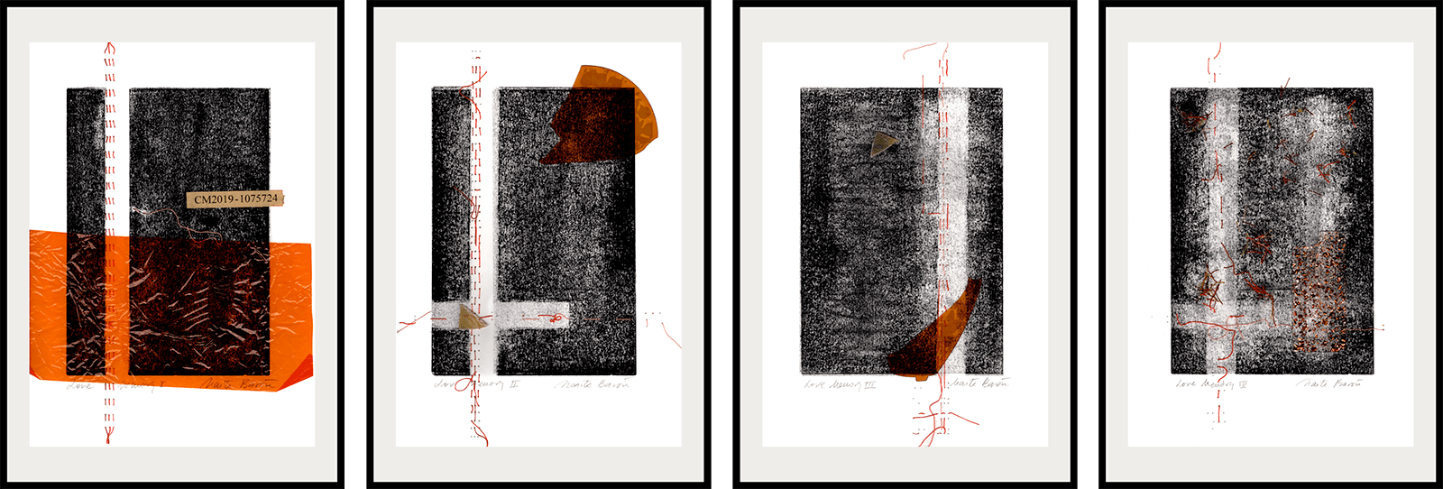 Abstract Mixed Media Print. Entitled: Love Memory I-IV (tetraptych) by Maite Baron. Image description: Artwork