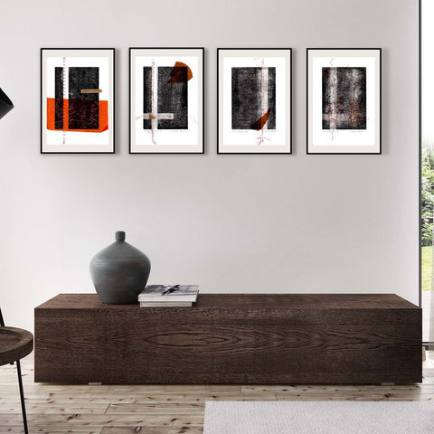 Abstract Mixed Media Print. Entitled: Love Memory I-IV (tetraptych) by Maite Baron. Image description: interior design product room mockup