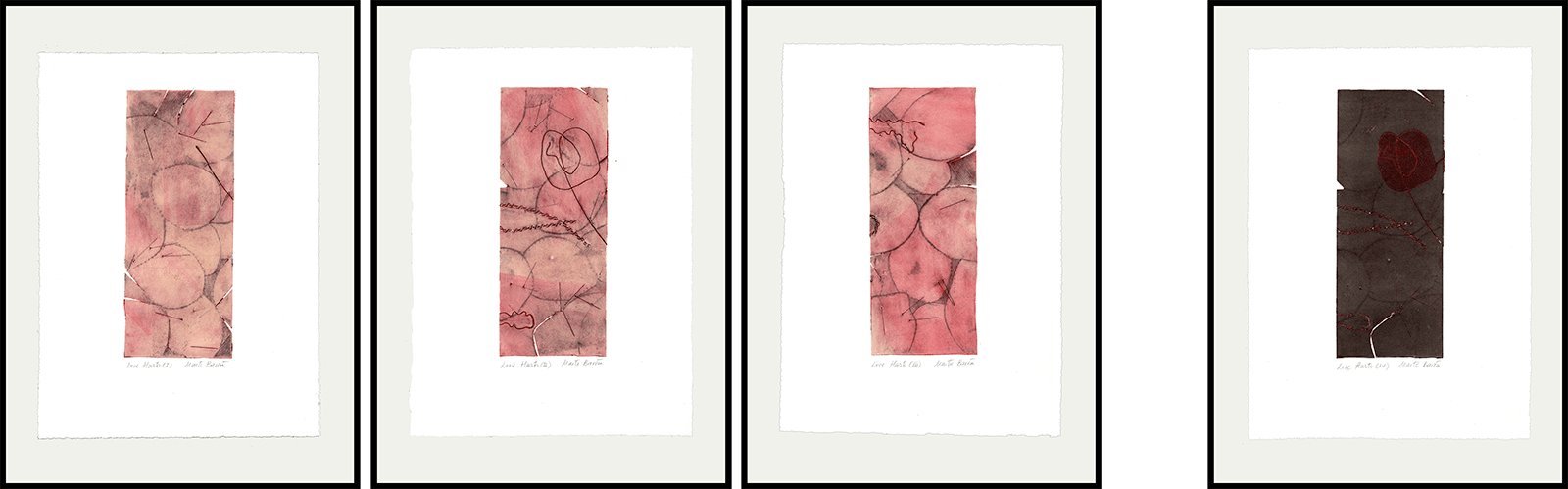 Abstract Mixed Media Print. Entitled: Love Hurts I-IV (tetraptych) by Maite Baron. Image description: Artwork