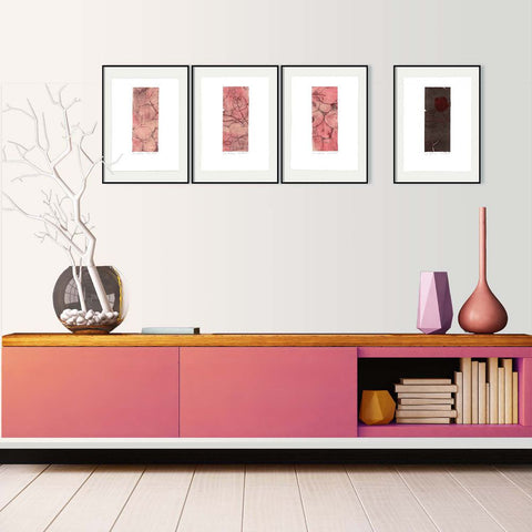 Abstract Mixed Media Print. Entitled: Love Hurts I-IV (tetraptych) by Maite Baron. Image description: interior design product room mockup