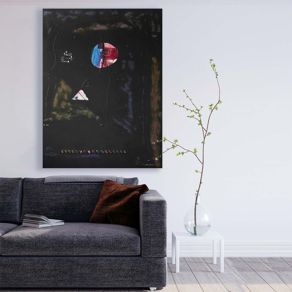 Original Canvas Art Abstract Mixed Media Painting. Entitled: In Between Two Worlds by Maite Baron. Image description: interior design product room mockup