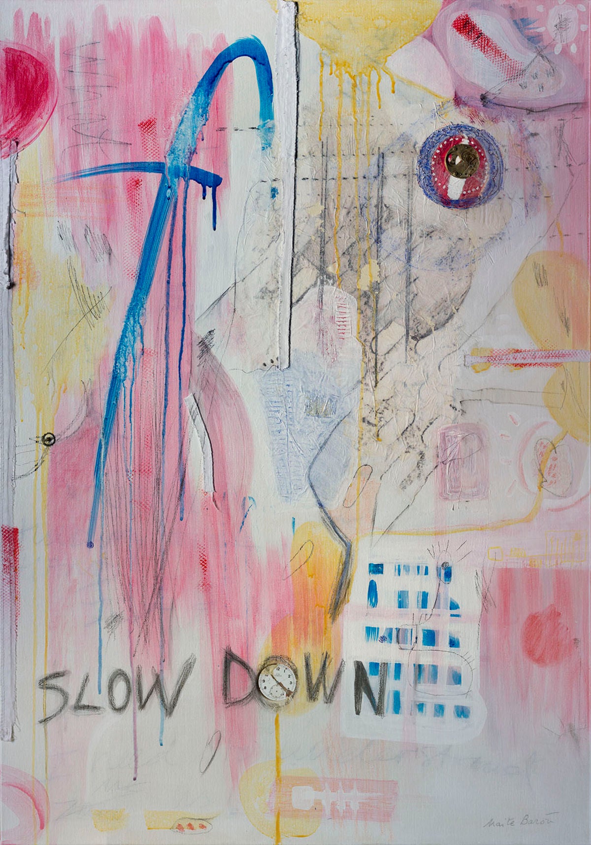 Original Canvas Art Abstract Mixed Media Painting. Entitled: Slow Down Please by Maite Baron. Image description: Artwork