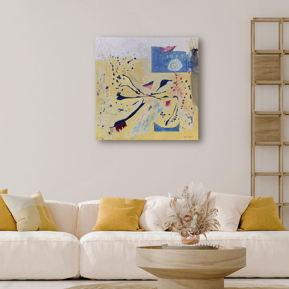 Original Canvas Art Abstract Mixed Media Painting. Entitled: Just Five Minutes More by Maite Baron. Image description: interior design product room mockup
