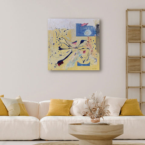 Original Canvas Art Abstract Mixed Media Painting. Entitled: Just Five Minutes More by Maite Baron. Image description: interior design product room mockup