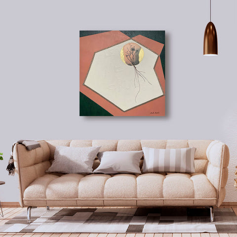 Original Canvas Art Abstract Mixed Media Painting. Entitled: Let Me Grow by Maite Baron. Image description: interior design product room mockup