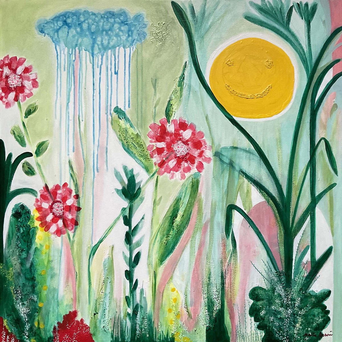 Original Canvas Art Abstract Mixed Media Painting. Entitled: Happy Days by Maite Baron. Image description: Artwork