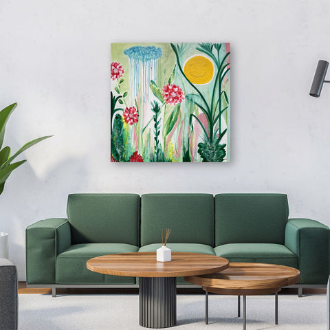 Original Canvas Art Abstract Mixed Media Painting. Entitled: Happy Days by Maite Baron. Image description: interior design product room mockup