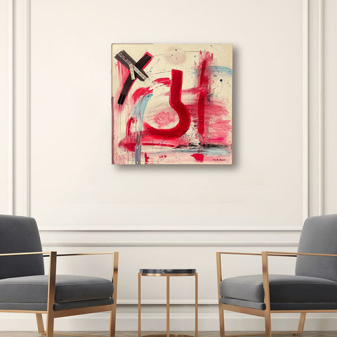 Original Canvas Art Abstract Mixed Media Painting. Entitled: Existing in a Different Dimensional Paradigm by Maite Baron. Image description: interior design product room mockup