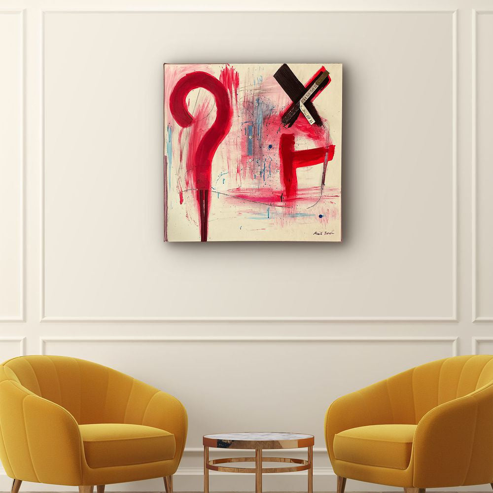 Original Canvas Art Abstract Mixed Media Painting. Entitled: Imagine Together Travelling Through Time by Maite Baron. Image description: interior design product room mockup