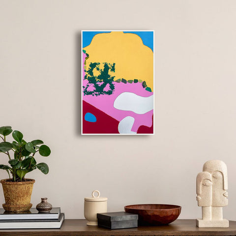 Contemporary Art Abstract Mixed Media Painting. Entitled: Hello Sunshine by Maite Baron. Image description: interior design product room mockup