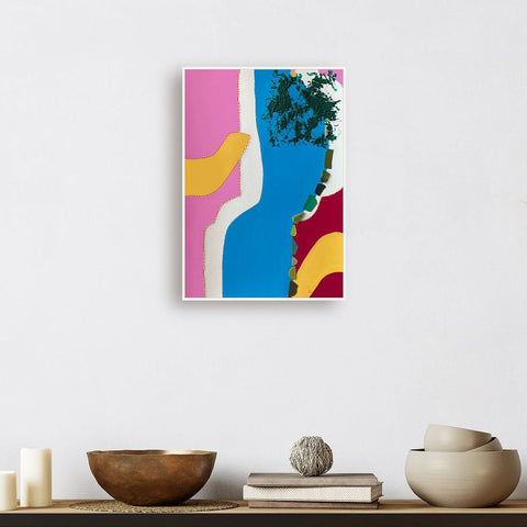 Contemporary Art Abstract Mixed Media Painting. Entitled: Strolling by the River by Maite Baron. Image description: interior design product room mockup