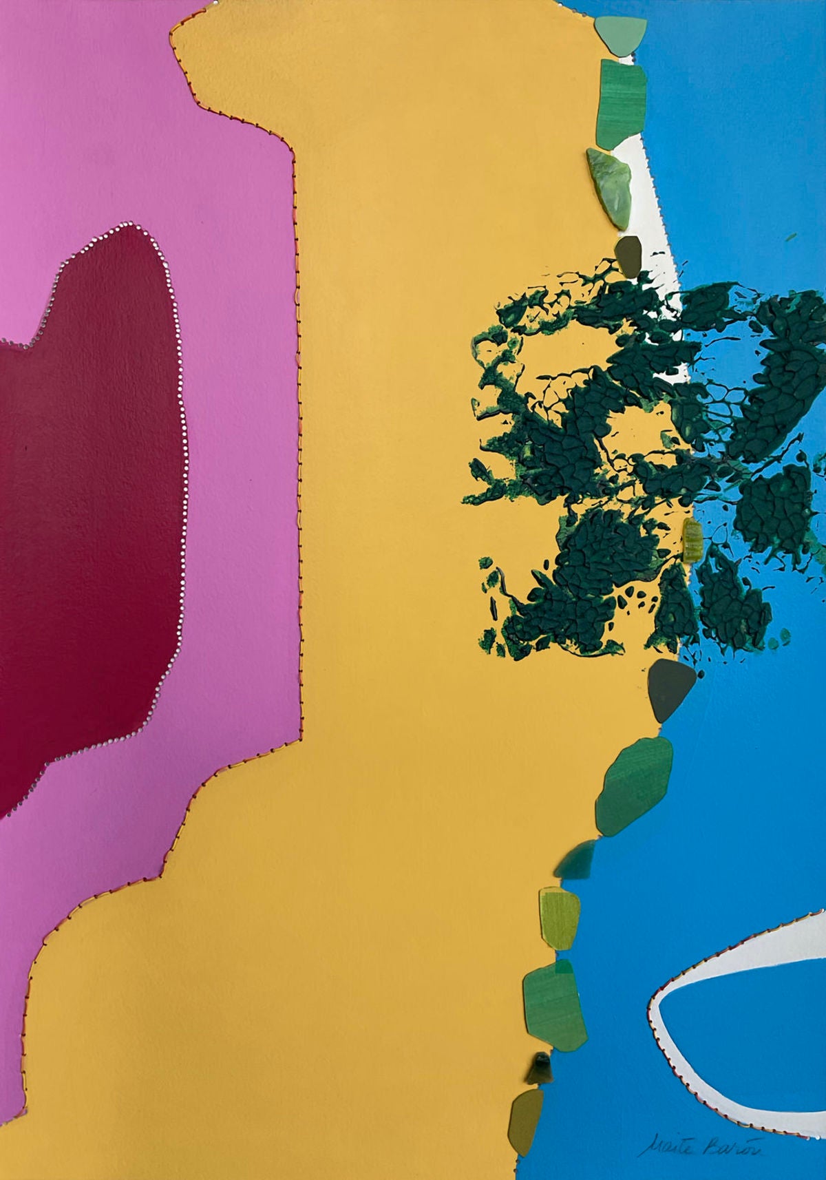 Contemporary Art Abstract Mixed Media Painting. Entitled: Marshmallows at the Beach by Maite Baron. Image description: Artwork