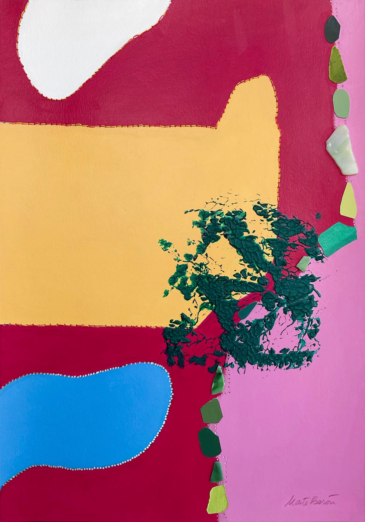 Contemporary Art Abstract Mixed Media Painting. Entitled: Champagne and Strawberries by Maite Baron. Image description: Artwork