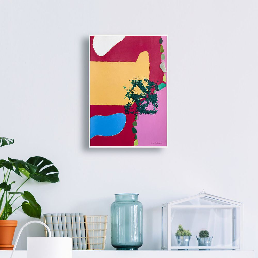 Contemporary Art Abstract Mixed Media Painting. Entitled: Champagne and Strawberries by Maite Baron. Image description: interior design product room mockup
