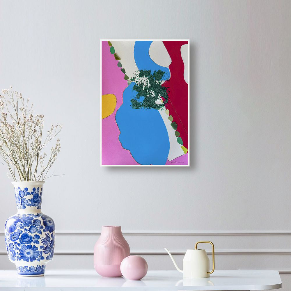 Contemporary Art Abstract Mixed Media Painting. Entitled: Glorious Gin Clear Sky by Maite Baron. Image description: interior design product room mockup