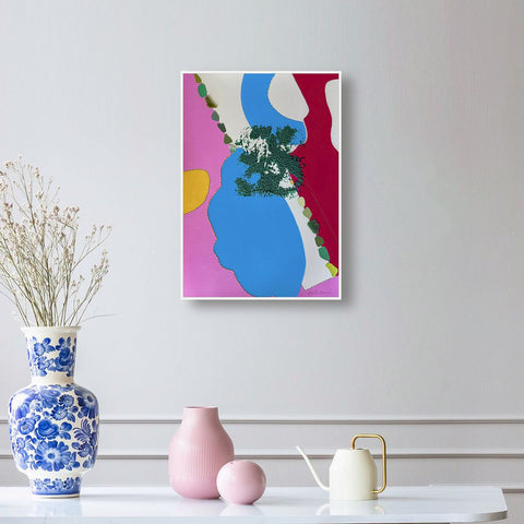 Contemporary Art Abstract Mixed Media Painting. Entitled: Glorious Gin Clear Sky by Maite Baron. Image description: interior design product room mockup