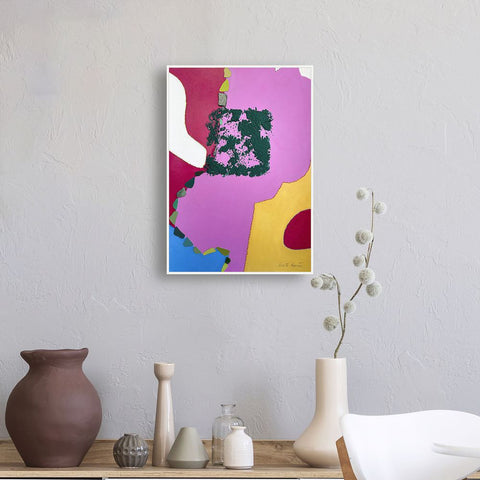 Contemporary Art Abstract Mixed Media Painting. Entitled: Sunny Side Up by Maite Baron. Image description: interior design product room mockup