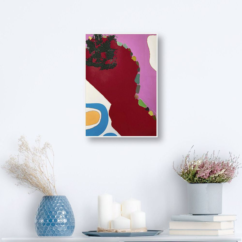 Contemporary Art Abstract Mixed Media Painting. Entitled: Raspberry Fields by Maite Baron. Image description: interior design product room mockup