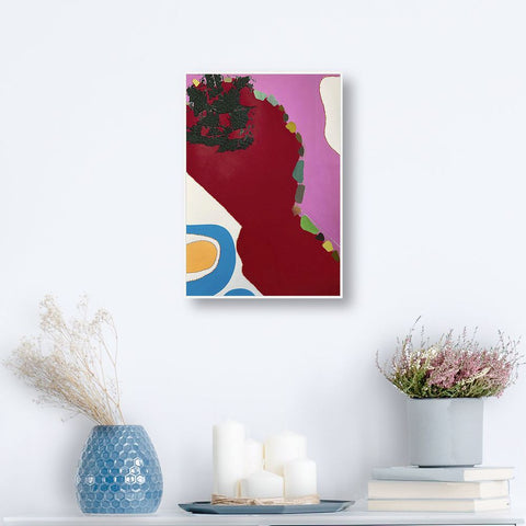 Contemporary Art Abstract Mixed Media Painting. Entitled: Raspberry Fields by Maite Baron. Image description: interior design product room mockup