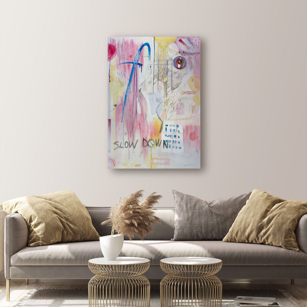 Original Canvas Art Abstract Mixed Media Painting. Entitled: Slow Down Please by Maite Baron. Image description: interior design product room mockup