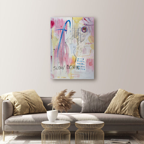 Original Canvas Art Abstract Mixed Media Painting. Entitled: Slow Down Please by Maite Baron. Image description: interior design product room mockup